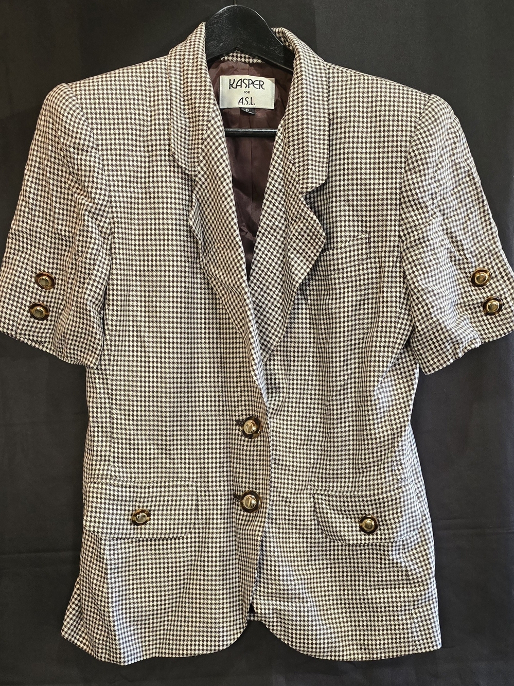 Vintage Kasper for ASL Houndstooth Short Sleeve Gold Coin Button Blazer